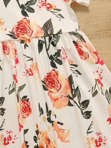 Young Girl Lovely Casual Flower Print Thin Round Neck Pullover Short Sleeve Dress For Summer