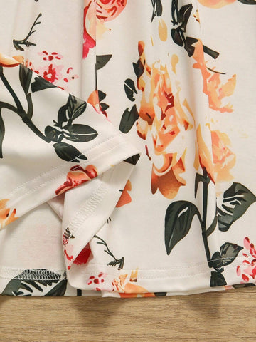 Young Girl Lovely Casual Flower Print Thin Round Neck Pullover Short Sleeve Dress For Summer