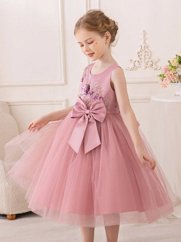 Young Girl Lovely Embroidered Sparkly Big Bow Princess Dress With Short Sleeves