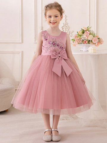 Young Girl Lovely Embroidered Sparkly Big Bow Princess Dress With Short Sleeves