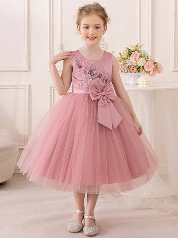 Young Girl Lovely Embroidered Sparkly Big Bow Princess Dress With Short Sleeves