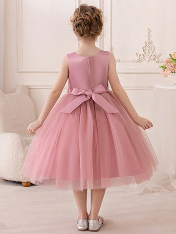 Young Girl Lovely Embroidered Sparkly Big Bow Princess Dress With Short Sleeves