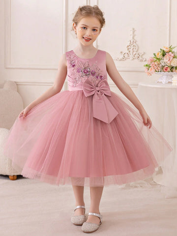 Young Girl Lovely Embroidered Sparkly Big Bow Princess Dress With Short Sleeves