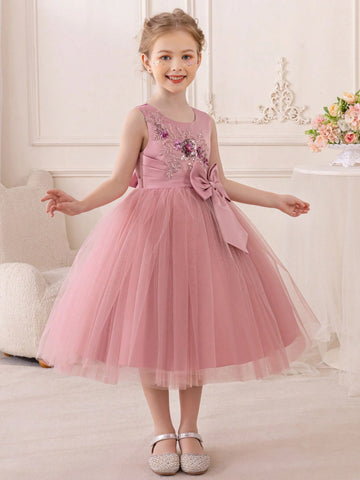 Young Girl Lovely Embroidered Sparkly Big Bow Princess Dress With Short Sleeves