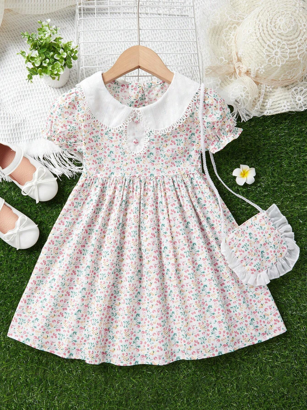 Young Girl Lovely Floral Printed Babydoll Collar Dress With Matching Bag Summer Sweet Princess Dress