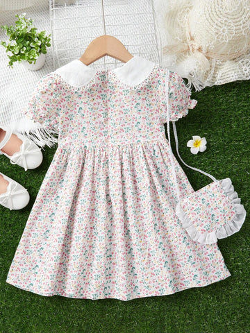 Young Girl Lovely Floral Printed Babydoll Collar Dress With Matching Bag Summer Sweet Princess Dress