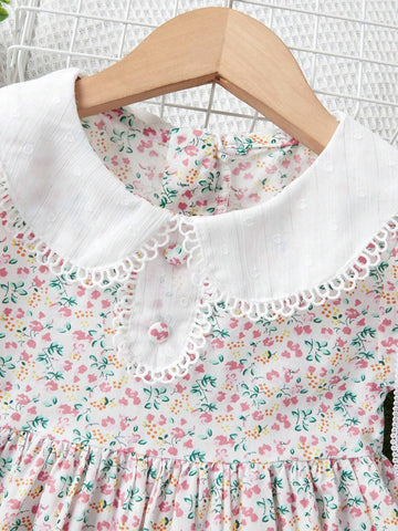 Young Girl Lovely Floral Printed Babydoll Collar Dress With Matching Bag Summer Sweet Princess Dress