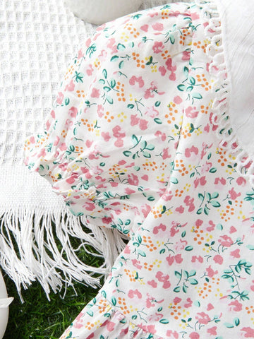 Young Girl Lovely Floral Printed Babydoll Collar Dress With Matching Bag Summer Sweet Princess Dress