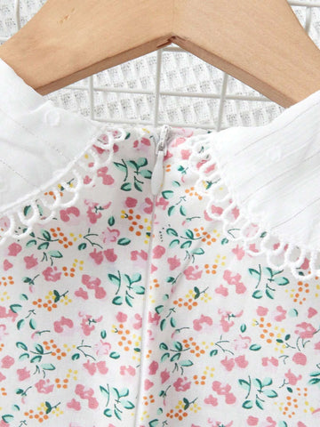 Young Girl Lovely Floral Printed Babydoll Collar Dress With Matching Bag Summer Sweet Princess Dress