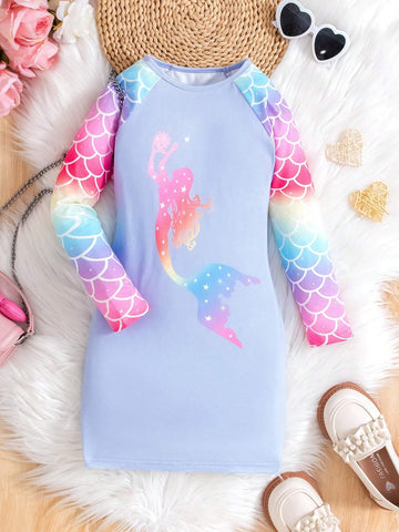 Young Girl Lovely Knitted Colorful Rainbow Mermaid Pattern Dress