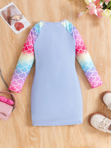 Young Girl Lovely Knitted Colorful Rainbow Mermaid Pattern Dress
