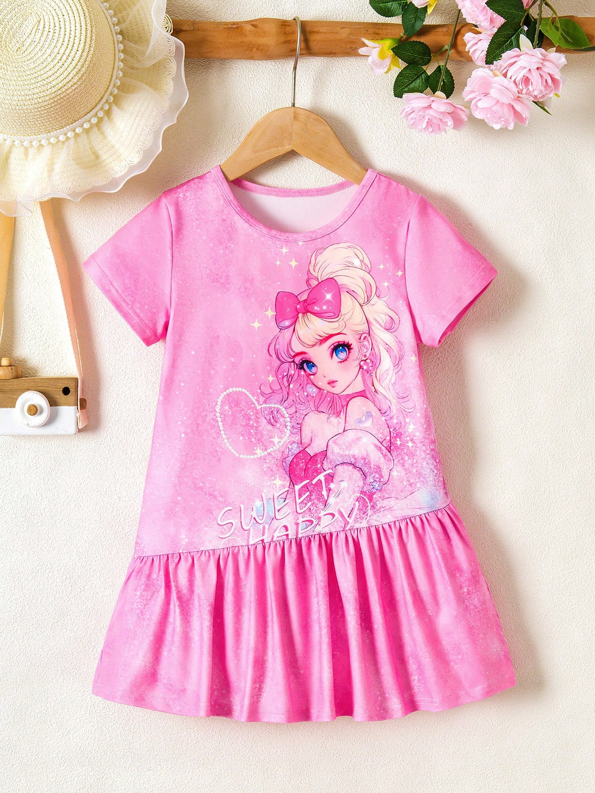 Young Girl' Lovely Pink Knitted Ruffle Hem Dress, Soft & Comfortable Fabric With Dreamy Princess Pattern, Suitable For Birthday Party