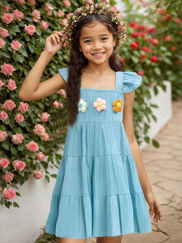 Young Girl Lovely Solid Color Cap Sleeve Dress With Elastic Flower Decor, Knee-Length