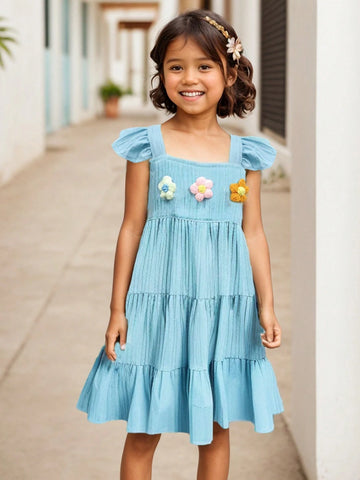 Young Girl Lovely Solid Color Cap Sleeve Dress With Elastic Flower Decor, Knee-Length