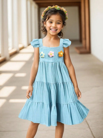 Young Girl Lovely Solid Color Cap Sleeve Dress With Elastic Flower Decor, Knee-Length