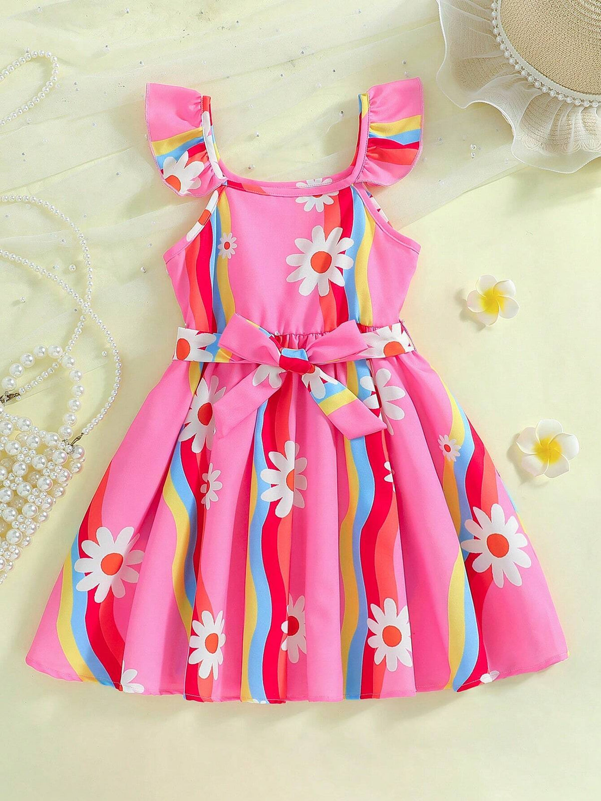 Young Girl Lovely & Elegant Flower Print Colliding Striped Dress With Ruffled Design , Suitable For Festivals, Parties, Birthdays, Spring & Summer