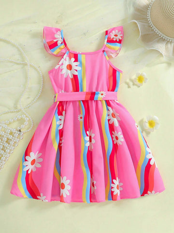Young Girl Lovely & Elegant Flower Print Colliding Striped Dress With Ruffled Design , Suitable For Festivals, Parties, Birthdays, Spring & Summer