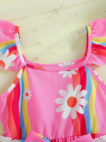 Young Girl Lovely & Elegant Flower Print Colliding Striped Dress With Ruffled Design , Suitable For Festivals, Parties, Birthdays, Spring & Summer