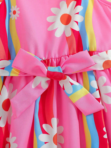 Young Girl Lovely & Elegant Flower Print Colliding Striped Dress With Ruffled Design , Suitable For Festivals, Parties, Birthdays, Spring & Summer