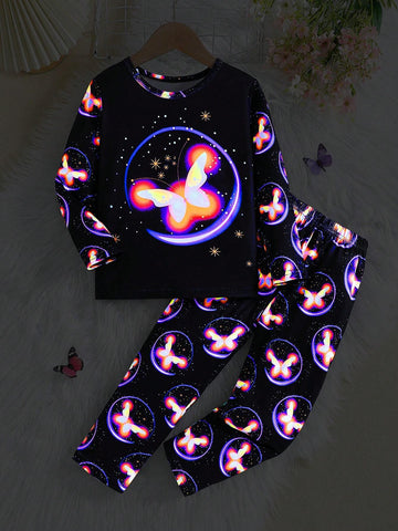Young Girl Luminous Glow In The Dark Butterfly Pattern Pullover, Comfortable Casual Homewear, Suitable For Spring & Autumn