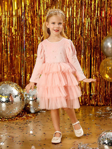 Young Girl Luxurious Double-Sided Plush Fabric Decorated Pearl Patchwork Tulle Layered Thick Dress