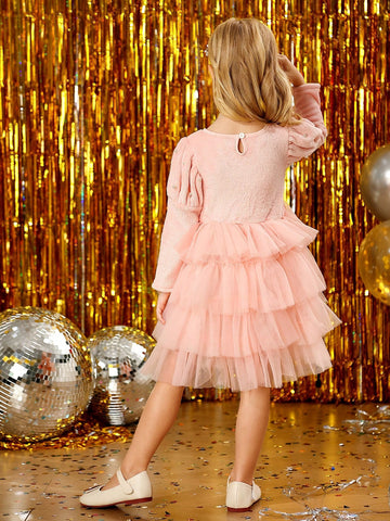 Young Girl Luxurious Double-Sided Plush Fabric Decorated Pearl Patchwork Tulle Layered Thick Dress