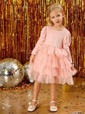 Young Girl Luxurious Double-Sided Plush Fabric Decorated Pearl Patchwork Tulle Layered Thick Dress