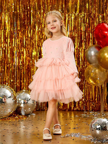 Young Girl Luxurious Double-Sided Plush Fabric Decorated Pearl Patchwork Tulle Layered Thick Dress