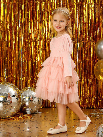 Young Girl Luxurious Double-Sided Plush Fabric Decorated Pearl Patchwork Tulle Layered Thick Dress