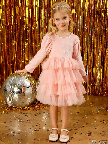 Young Girl Luxurious Double-Sided Plush Fabric Decorated Pearl Patchwork Tulle Layered Thick Dress