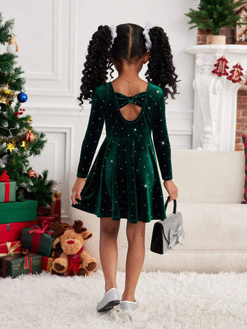 Young Girl Luxurious Elegant Rhinestone Velvet Round Neck Ruffle Hem Backless Bow Long Sleeve Dress