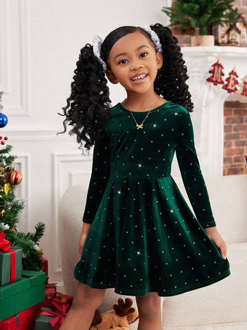 Young Girl Luxurious Elegant Rhinestone Velvet Round Neck Ruffle Hem Backless Bow Long Sleeve Dress