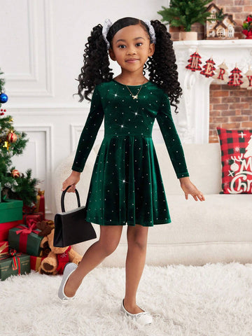 Young Girl Luxurious Elegant Rhinestone Velvet Round Neck Ruffle Hem Backless Bow Long Sleeve Dress