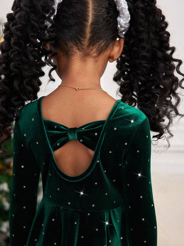 Young Girl Luxurious Elegant Rhinestone Velvet Round Neck Ruffle Hem Backless Bow Long Sleeve Dress