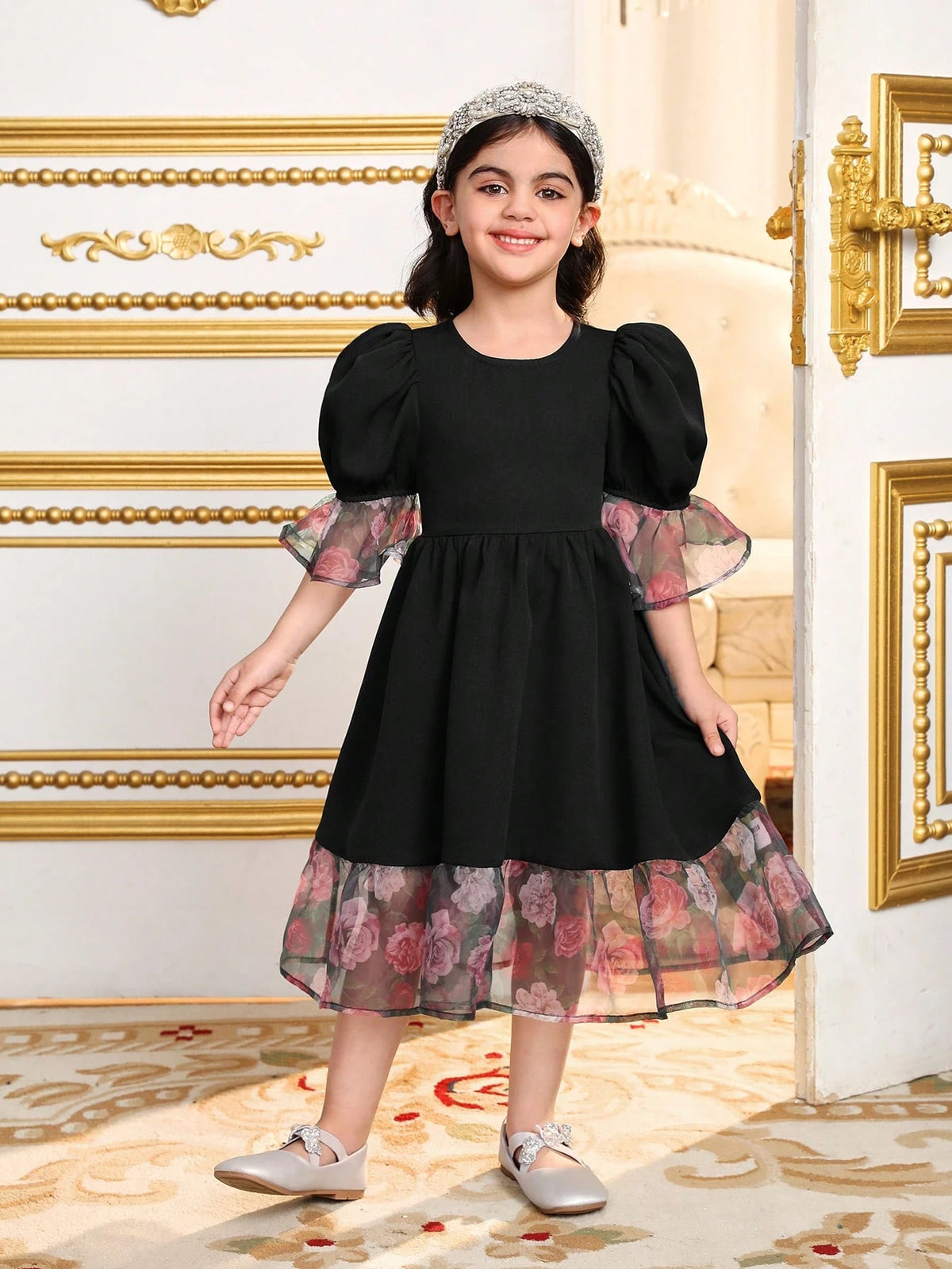 Young Girl Matching Mother-Daughter Vintage Rose Patchwork Puff Dress,Suitable For Wearing , Spring And Summer