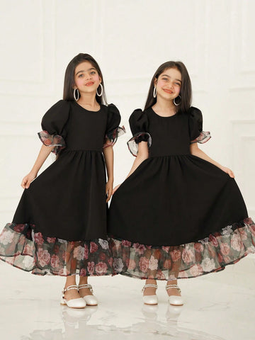 Young Girl Matching Mother-Daughter Vintage Rose Patchwork Puff Dress,Suitable For Wearing , Spring And Summer