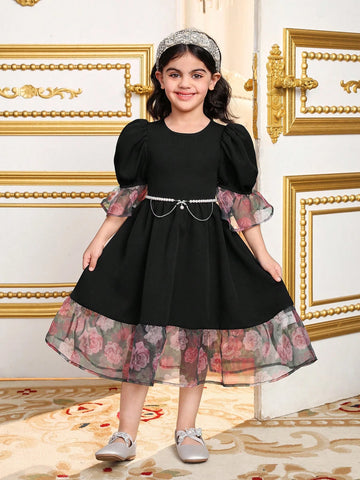 Young Girl Matching Mother-Daughter Vintage Rose Patchwork Puff Dress,Suitable For Wearing , Spring And Summer
