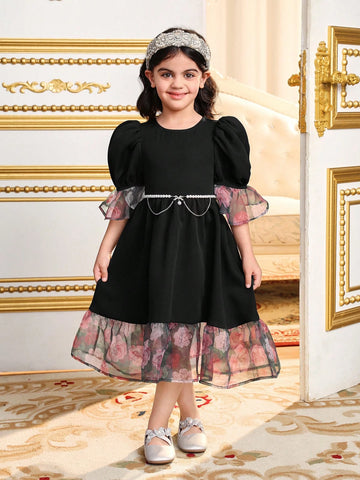 Young Girl Matching Mother-Daughter Vintage Rose Patchwork Puff Dress,Suitable For Wearing , Spring And Summer