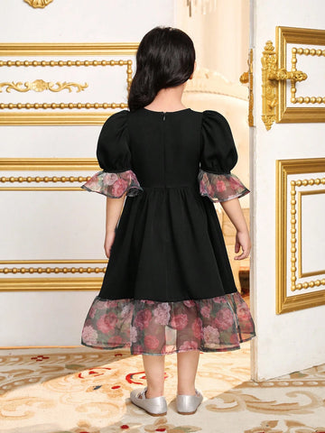 Young Girl Matching Mother-Daughter Vintage Rose Patchwork Puff Dress,Suitable For Wearing , Spring And Summer