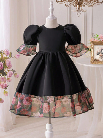 Young Girl Matching Mother-Daughter Vintage Rose Patchwork Puff Dress,Suitable For Wearing , Spring And Summer