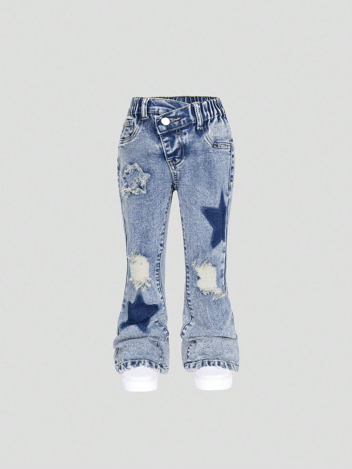 Young Girl' Medium Wash Blue Star Embroidery Distressed Flare Jeans