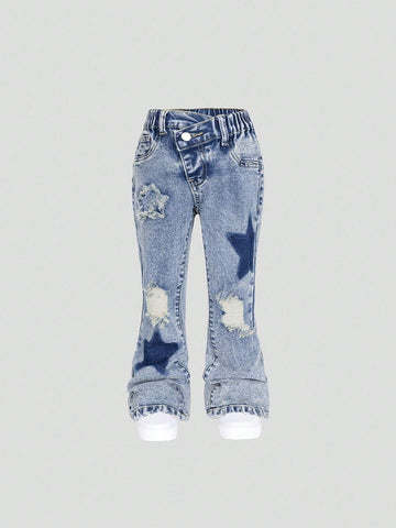 Young Girl' Medium Wash Blue Star Embroidery Distressed Flare Jeans