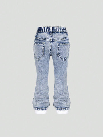 Young Girl' Medium Wash Blue Star Embroidery Distressed Flare Jeans