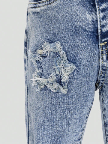Young Girl' Medium Wash Blue Star Embroidery Distressed Flare Jeans