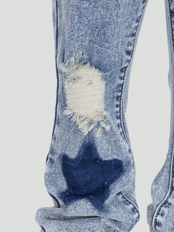 Young Girl' Medium Wash Blue Star Embroidery Distressed Flare Jeans