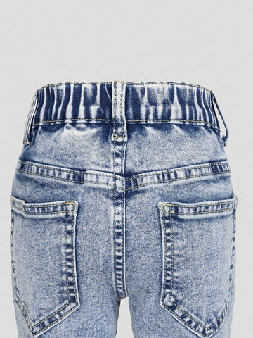 Young Girl' Medium Wash Blue Star Embroidery Distressed Flare Jeans
