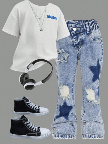 Young Girl' Medium Wash Blue Star Embroidery Distressed Flare Jeans