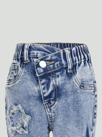 Young Girl' Medium Wash Blue Star Embroidery Distressed Flare Jeans