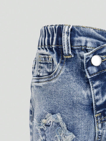 Young Girl' Medium Wash Blue Star Embroidery Distressed Flare Jeans