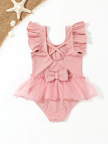 Young Girl Mesh Patchwork Ruffle One-Piece Swimsuit
